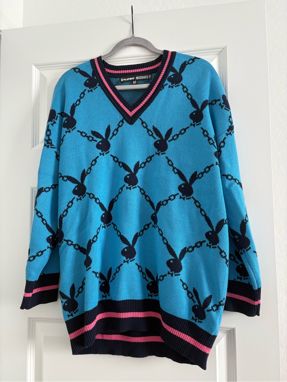 PLAYBOY Blue V-Neck Sweater with Black and Pink Trim